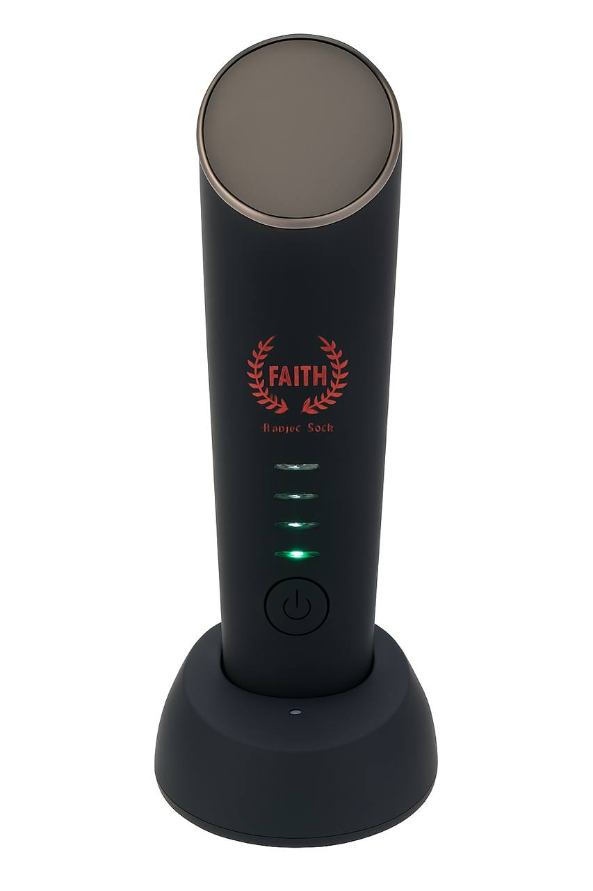 Three-quarter view of the red light thermal facial device showing power indicators and curved head.