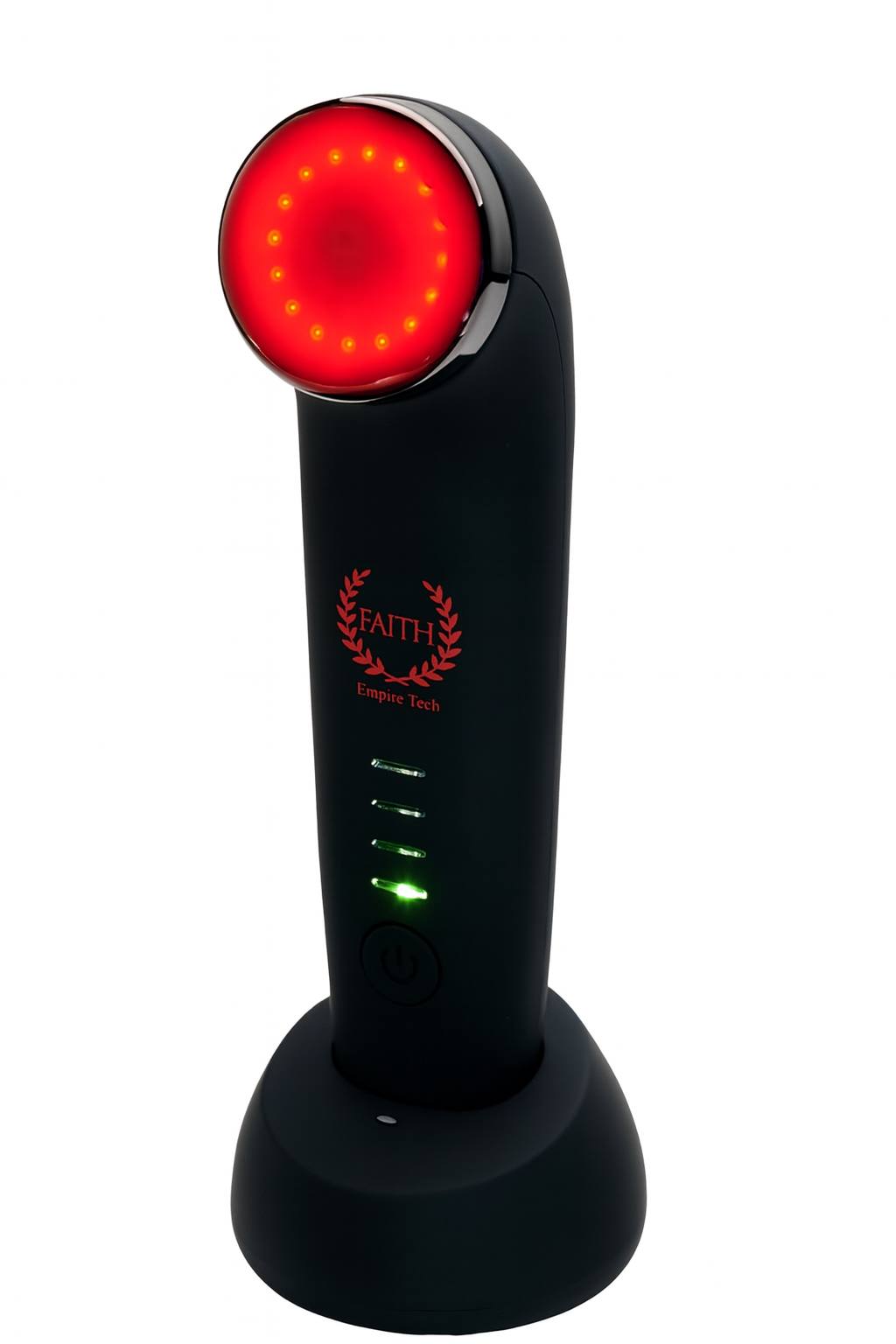 Black handheld facial device on charging base with red LED treatment head illuminated.