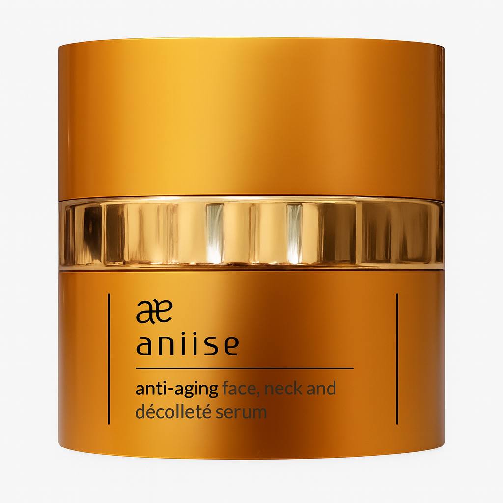 Aniise Anti-Aging Face, Neck & Décolleté Serum in gold jar on white background.