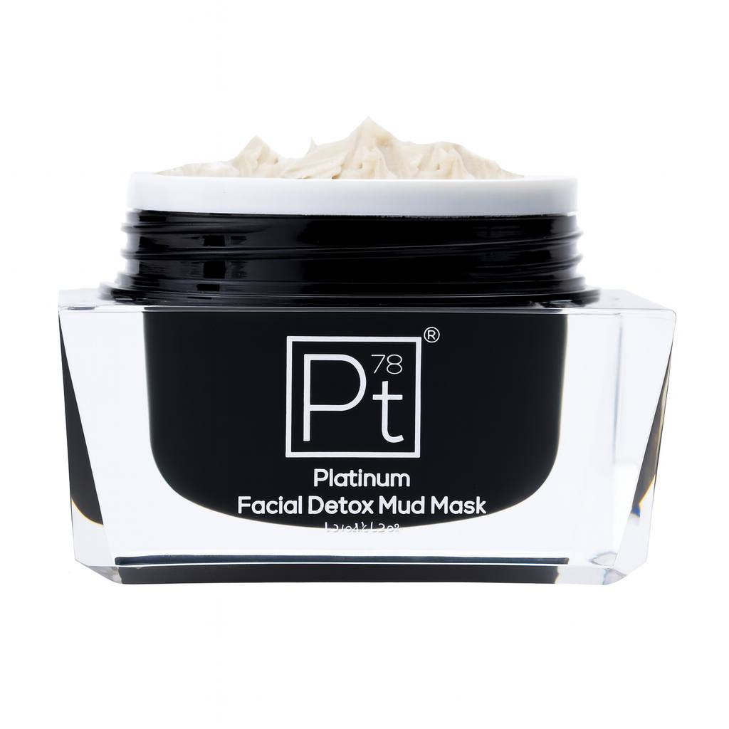 Platinum Detox Mud Mask in black glass jar with chrome lid, product close-up