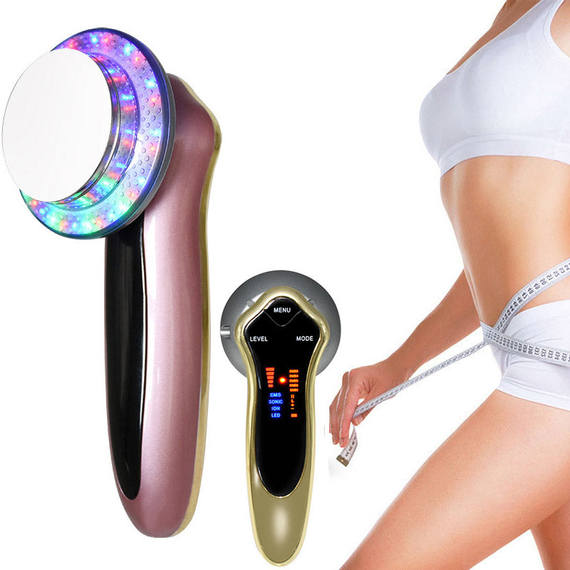 LED photon EMS massager shown in use on body for firming and smoothing.