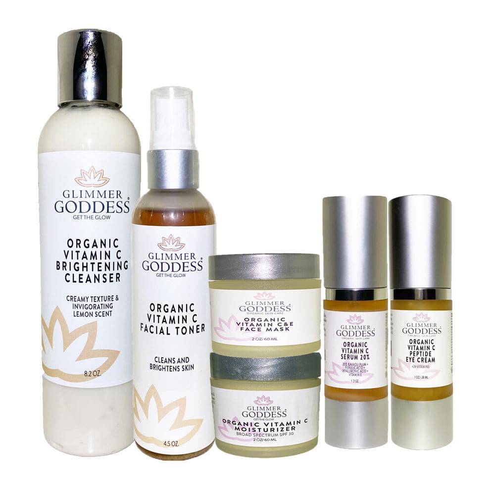 “Vitamin C Brighter Skin 6-Step skincare set—cleanser, toner, two serums and two creams on a white background.