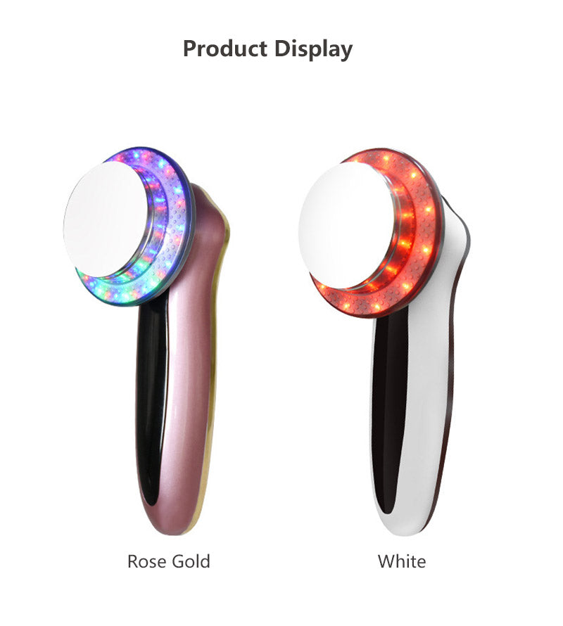 6-in-1 LED photon EMS massager in rose gold and white on white background.