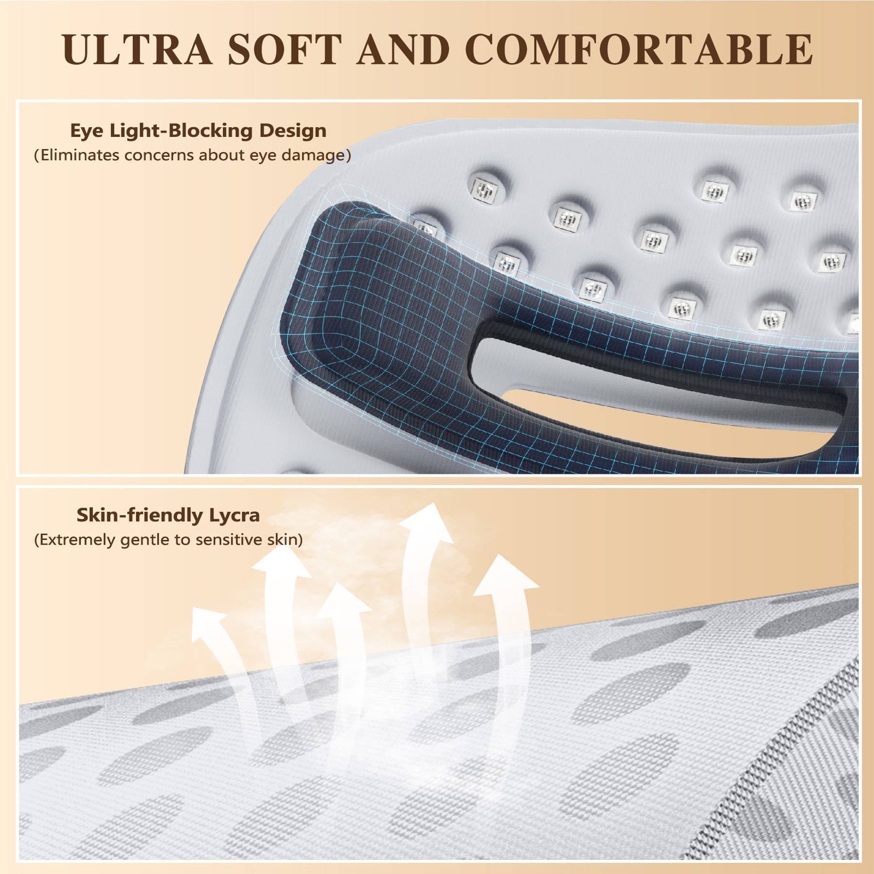 Close-up of soft, ventilated adjustable headband for LED face mask