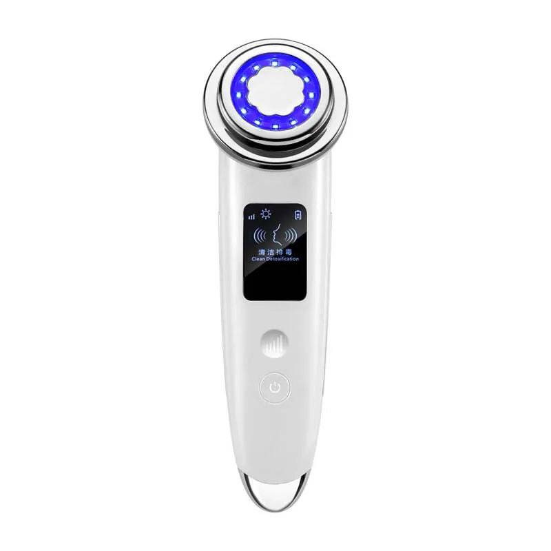 White 5-in-1 LED photon therapy facial device with blue light mode, deep cleansing feature, and digital display for skin tightening, anti-aging, and detoxification treatments.