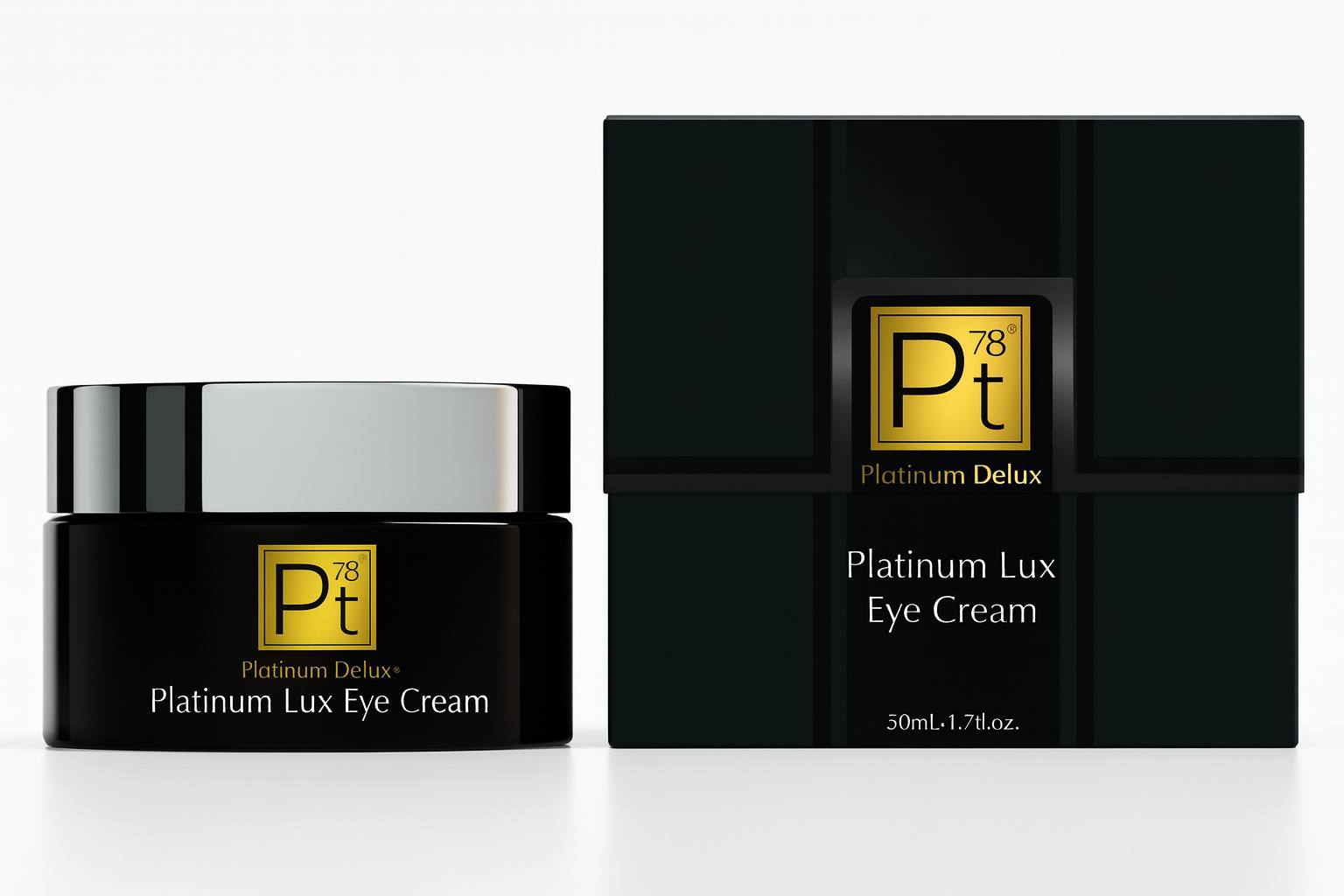 5K ultra-HD image of Platinum Delux® Platinum Lux Eye Cream with black and gold luxury jar and matching premium packaging box, designed for anti-aging, dark circle reduction, wrinkle smoothing, and under-eye rejuvenation.