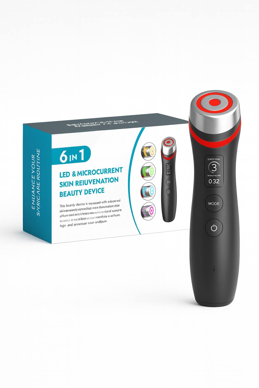 Clean product display of a 6-in-1 LED and microcurrent skin rejuvenation beauty device with red, blue, green, yellow, and purple light therapy modes next to its product packaging, designed for anti-aging, facial lifting, pore tightening, and skin radiance improvement.