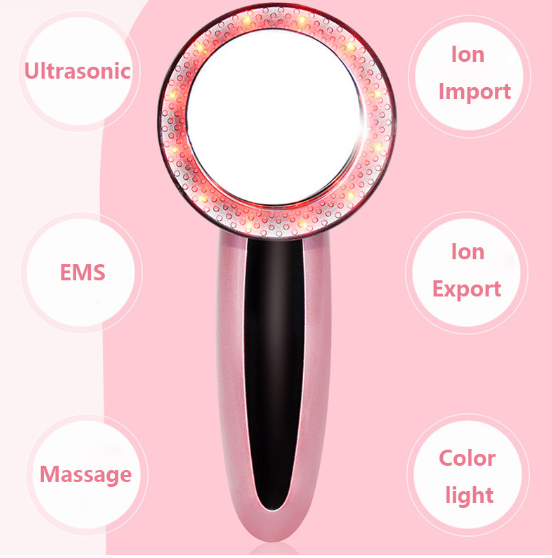 Close-up facial massager showing ultrasound, EMS, ion modes and color light
