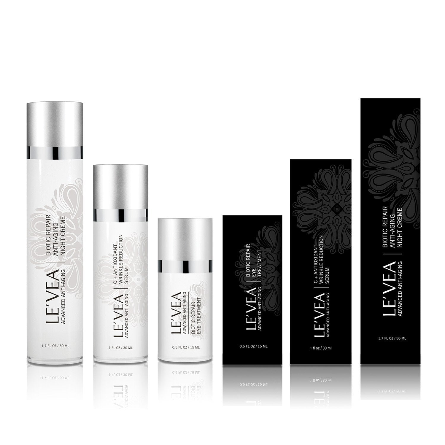 Le'Vea Ageless Beauty set — eye cream, antioxidant serum, and night repair in black and silver packaging