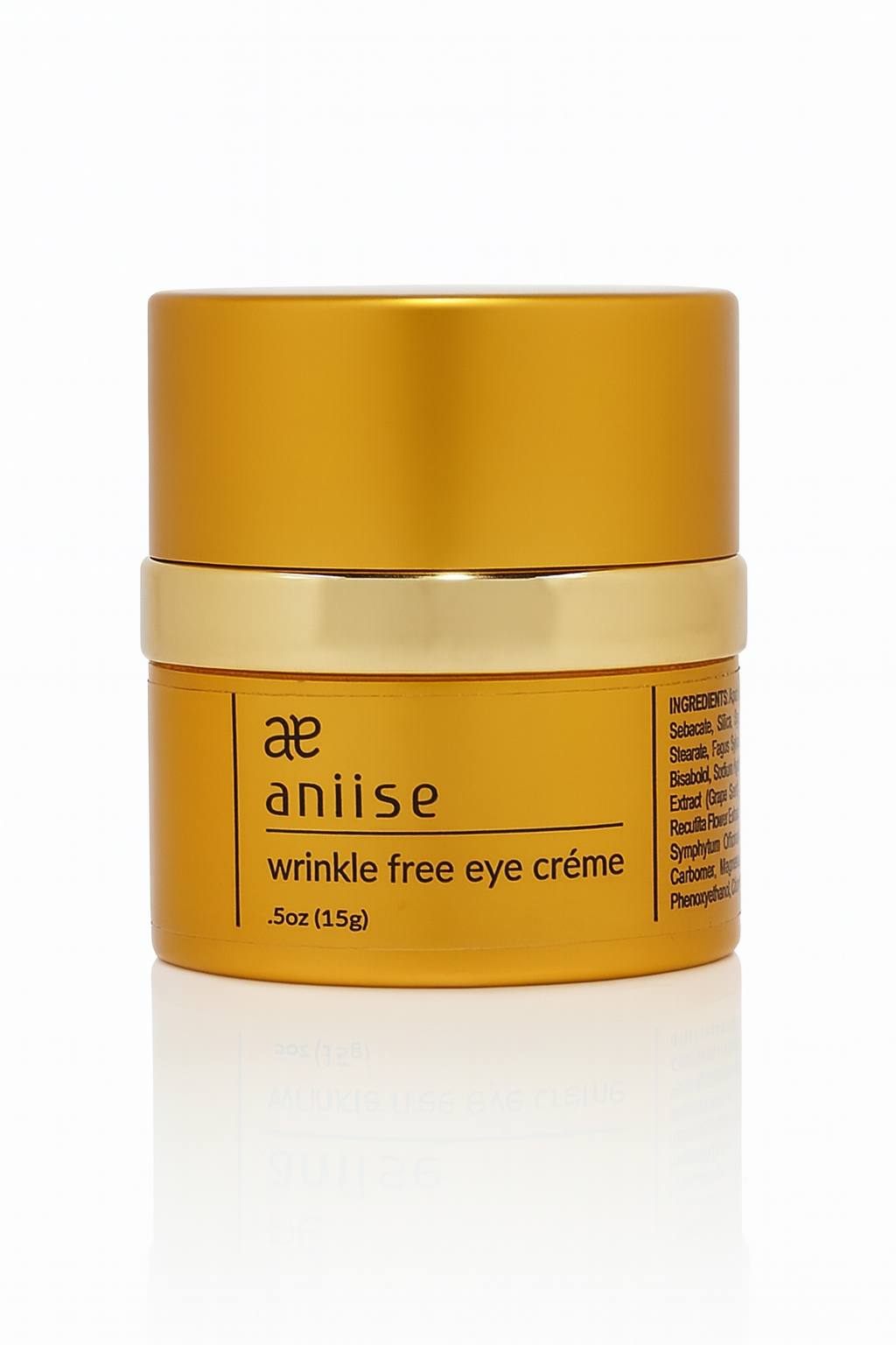Aniise Wrinkle Free Eye Crème 15g – anti-aging under-eye moisturizer for fine lines, dark circles, and puffiness in a gold luxury jar on clean white background.