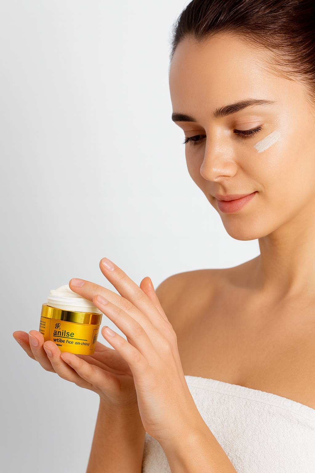 Woman applying Aniise Wrinkle Free Eye Crème under the eyes – premium anti-aging skincare for fine lines, dark circles, and puffiness, clean lifestyle beauty image on white background.