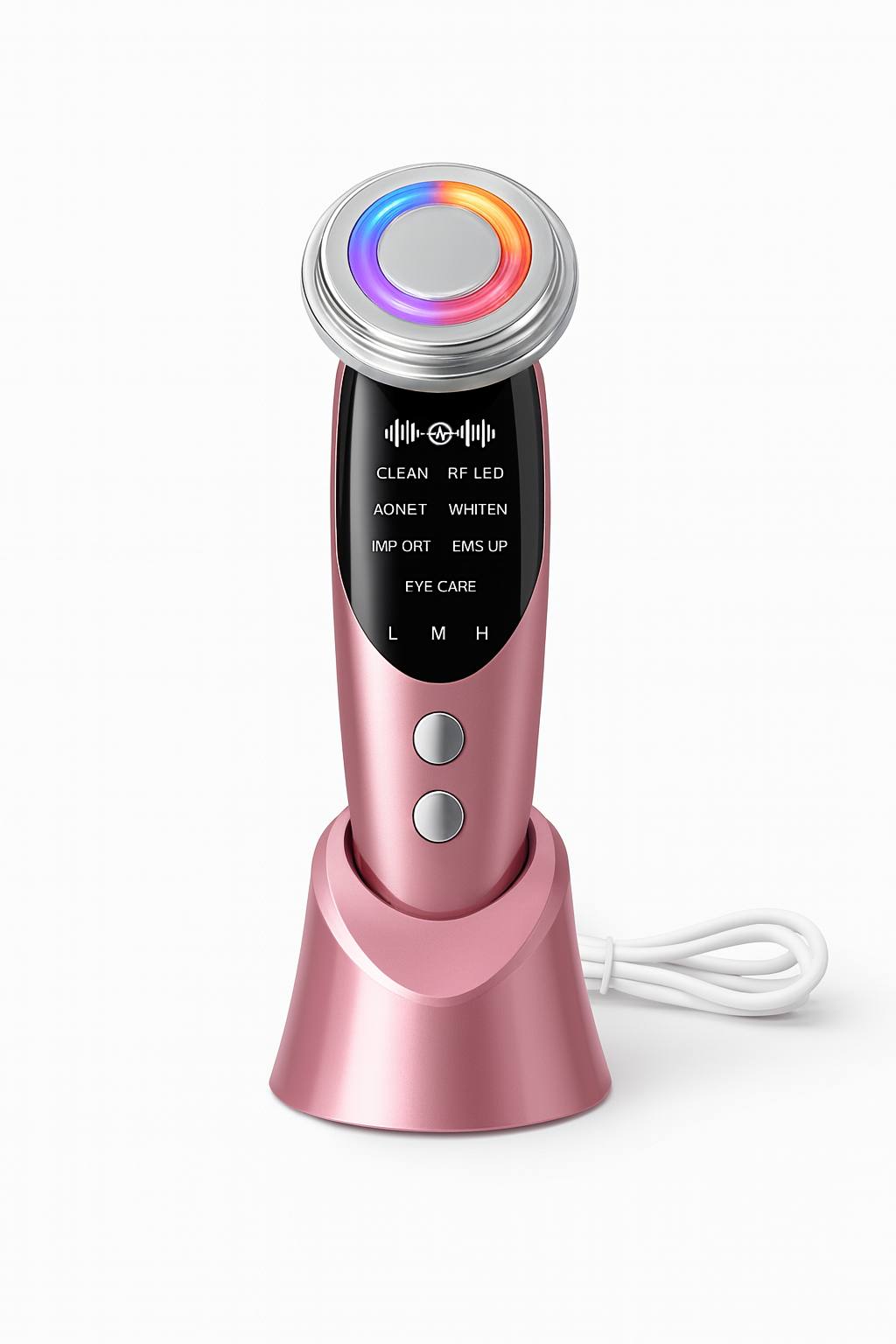 High-resolution image of a pink RF LED anti-aging skin rejuvenation device with charging stand, USB cable, and product packaging—designed for facial lifting, wrinkle reduction, acne care, whitening, and EMS skin tightening