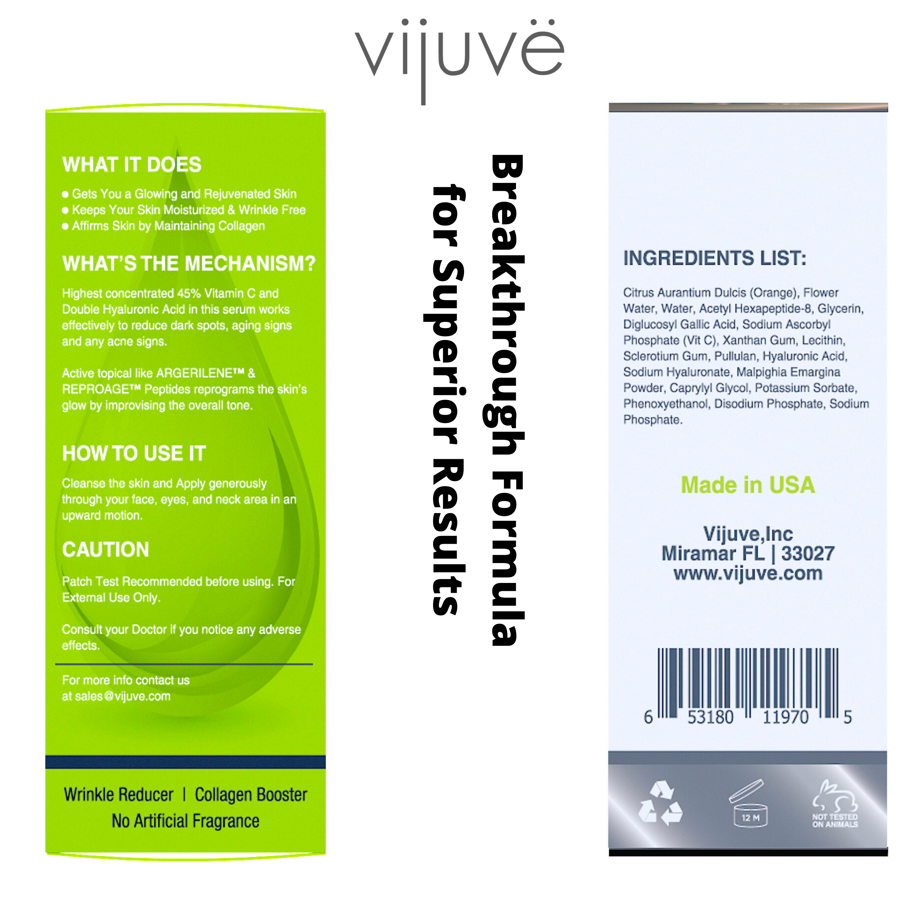 Vijuve Vitamin C serum box—ingredients and directions (back view)