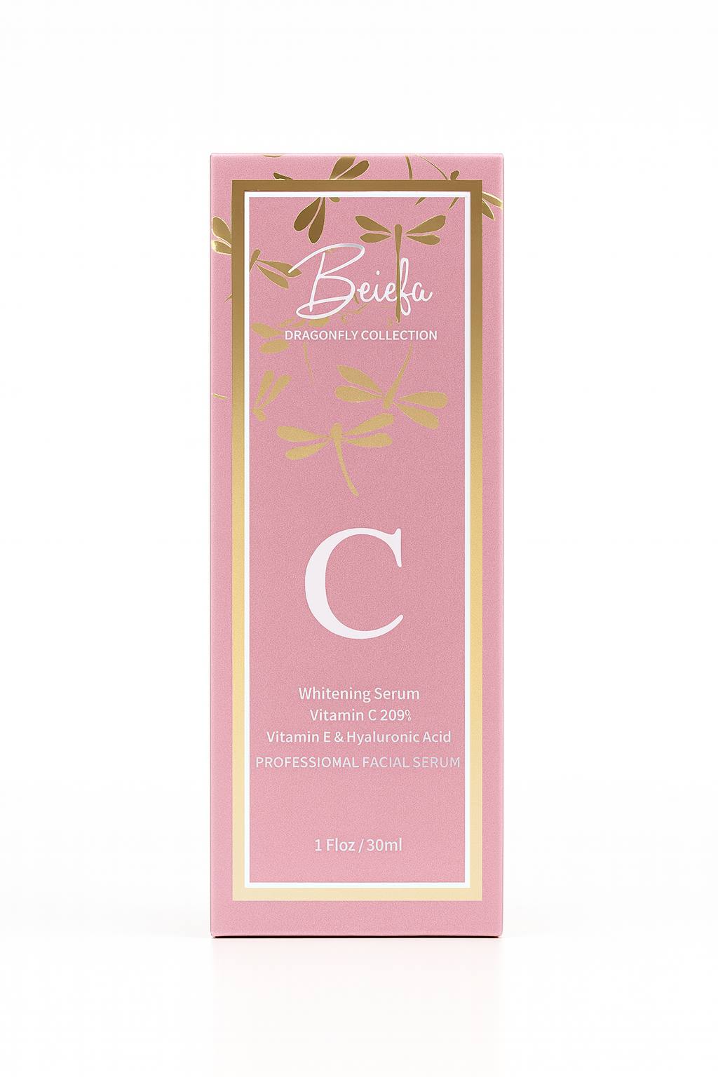 5K ultra-HD image of the Beiefa Dragonfly Collection Vitamin C Whitening Serum box in pink with gold dragonfly accents, featuring 20% Vitamin C, Vitamin E, and Hyaluronic Acid—professional brightening and anti-aging facial serum packaging.