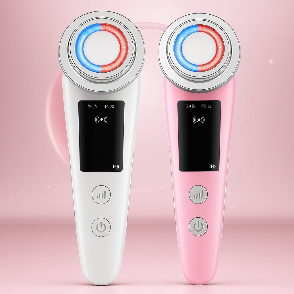 Front-facing LED facial rejuvenation devices in white and pink, featuring dual-color red and blue light therapy for skin tightening, wrinkle reduction, lifting, and improved radiance.