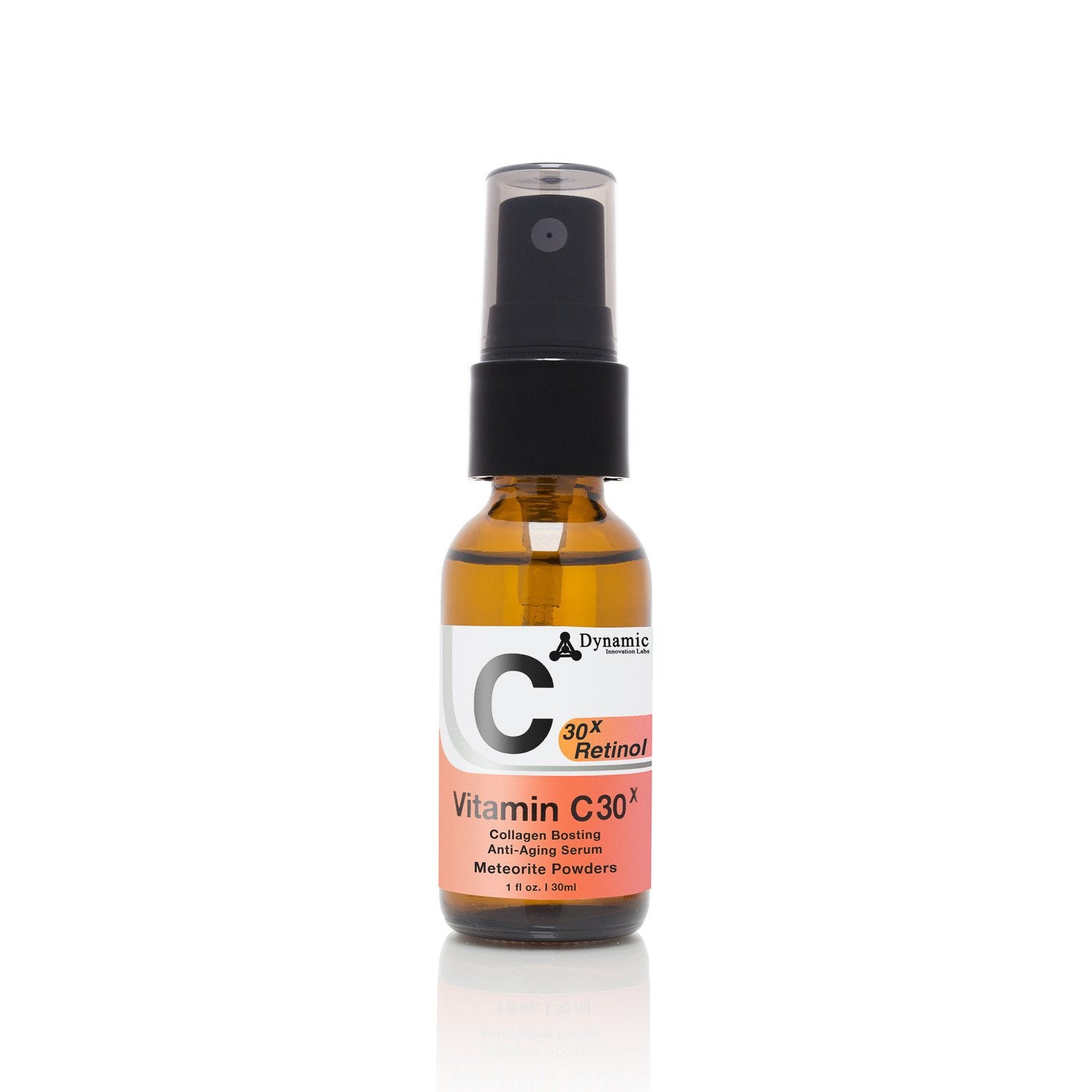 High-resolution image of Dynamic Nutra Care Vitamin C30x Retinol Serum in an amber glass bottle with a black spray pump, featuring a Vitamin C and Retinol anti-aging formula designed to boost collagen, brighten skin, and reduce fine lines