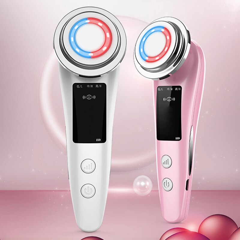Pink and white 7-in-1 RF & LED face massagers shown side-by-side, color options.