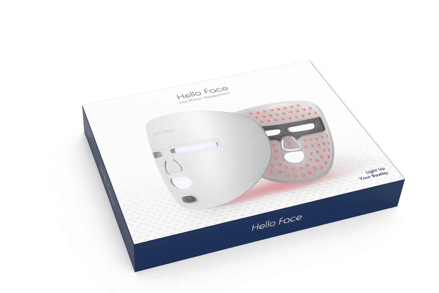 High-resolution image of the Hello Face LED Light Therapy Mask box showing the red-light and blue-light skincare mask on premium packaging for anti-aging and acne treatment.