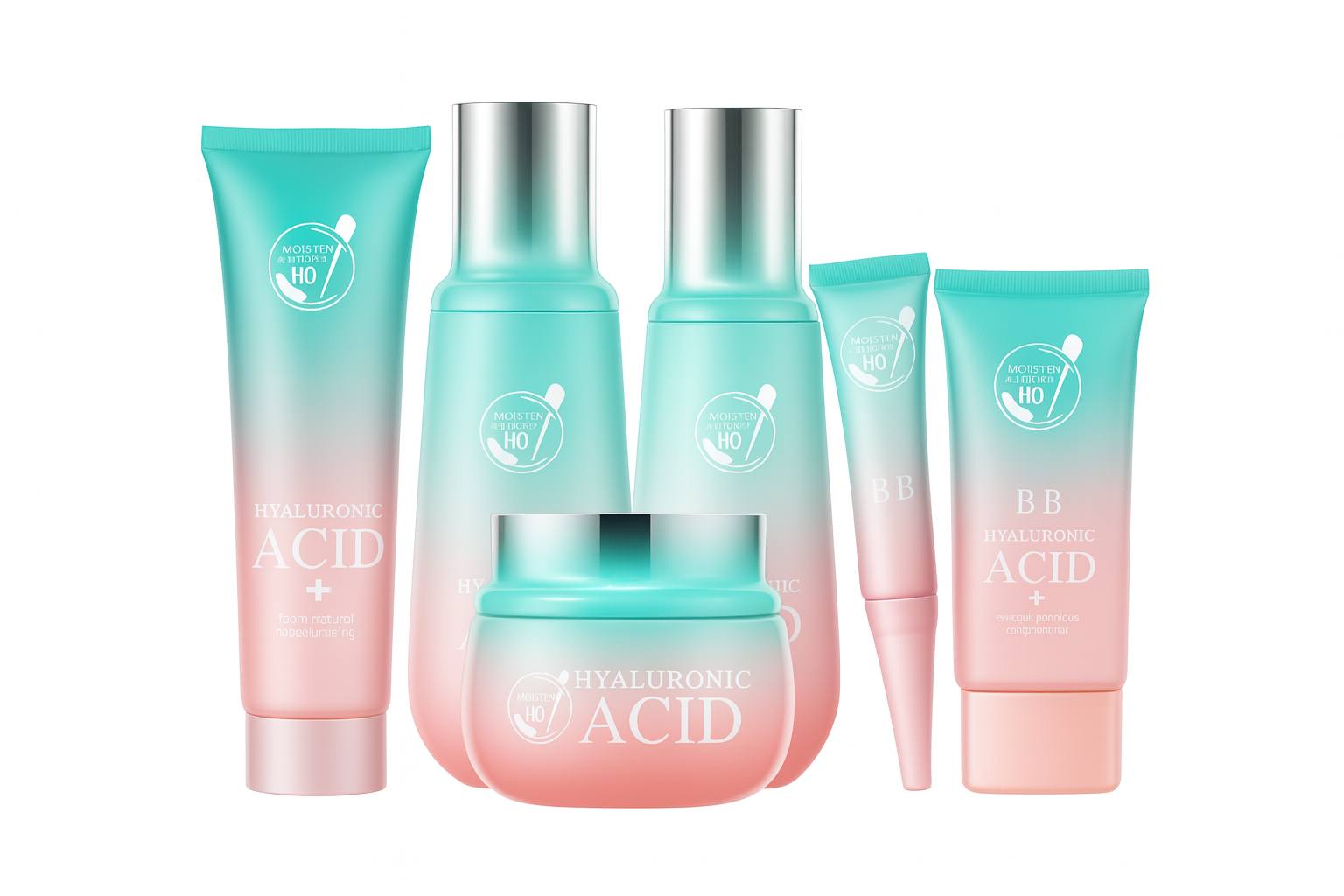 High-resolution image of a 6-piece Hyaluronic Acid skincare set featuring moisturizer, toner, serum, BB cream, eye cream, and cleansing foam in gradient teal-pink bottles designed for deep hydration, moisture retention, and smooth glowing skin.