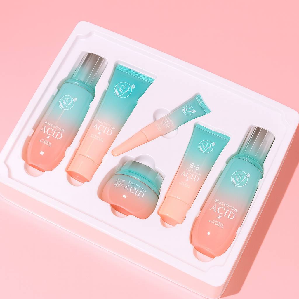 5K ultra-HD image of a 6-piece Hyaluronic Acid skincare set in gradient turquoise-pink bottles, featuring cleanser, toner, serum, eye cream, BB cream, and moisturizing cream designed for deep hydration, anti-aging, brightening, and skin barrier repair.