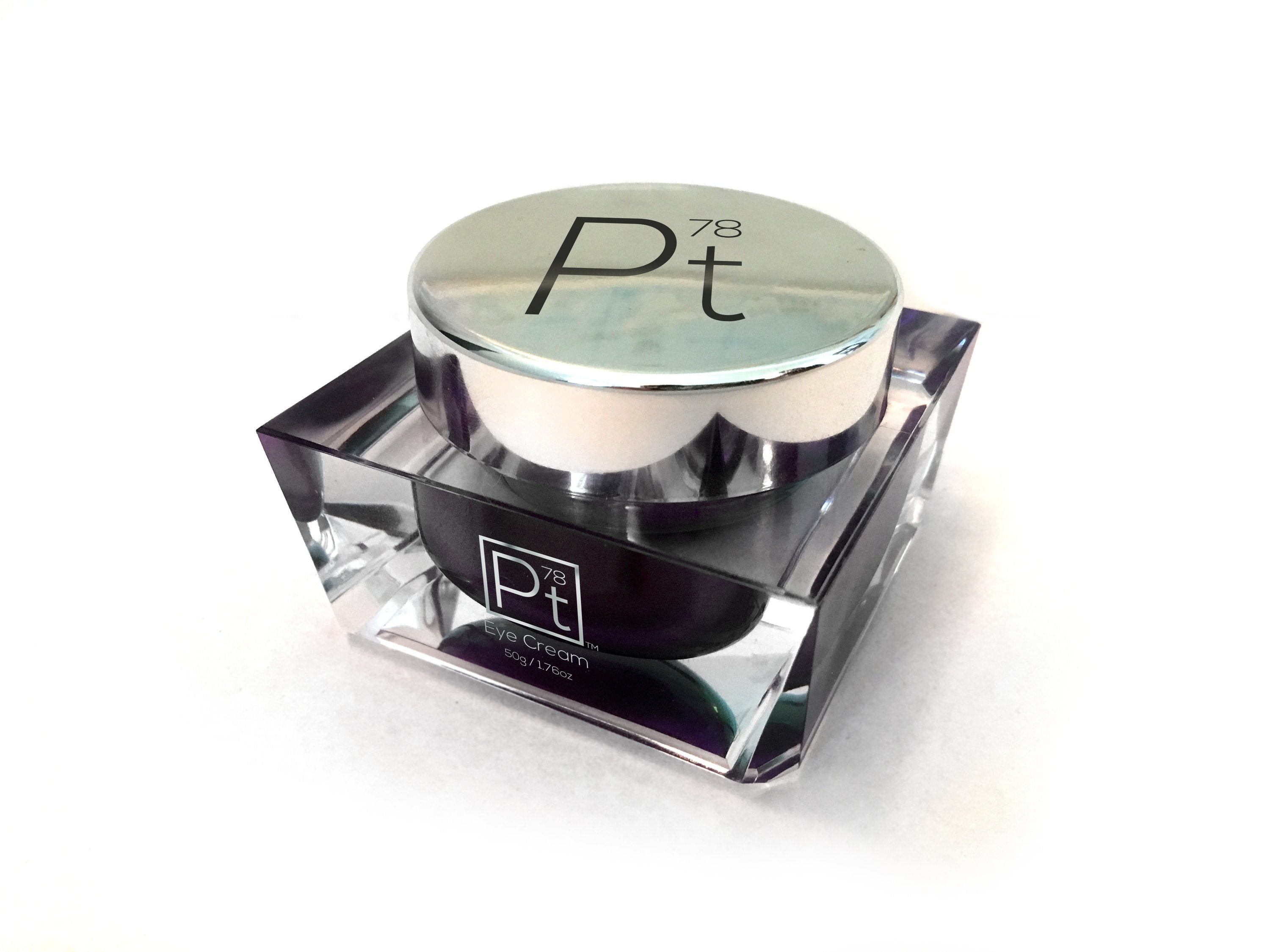Platinum Eye Cream, top view with chrome lid and Pt logo, premium packaging.