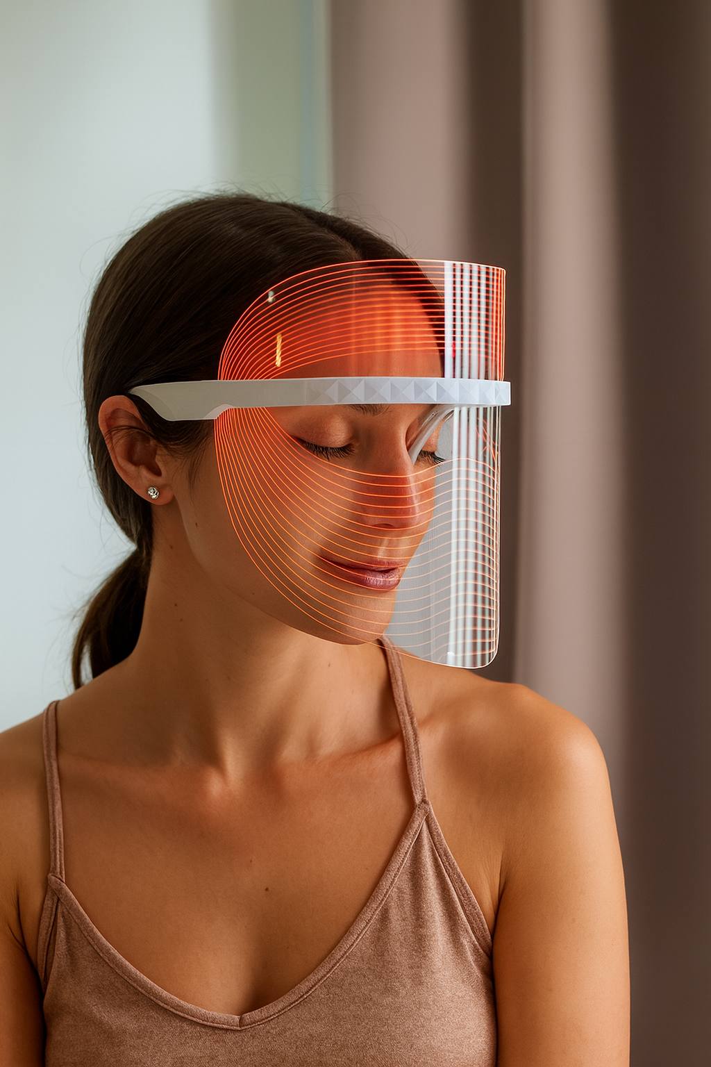 Woman using an LED red light therapy face mask for skin rejuvenation, anti-aging treatment, acne reduction, and improved complexion at home.
