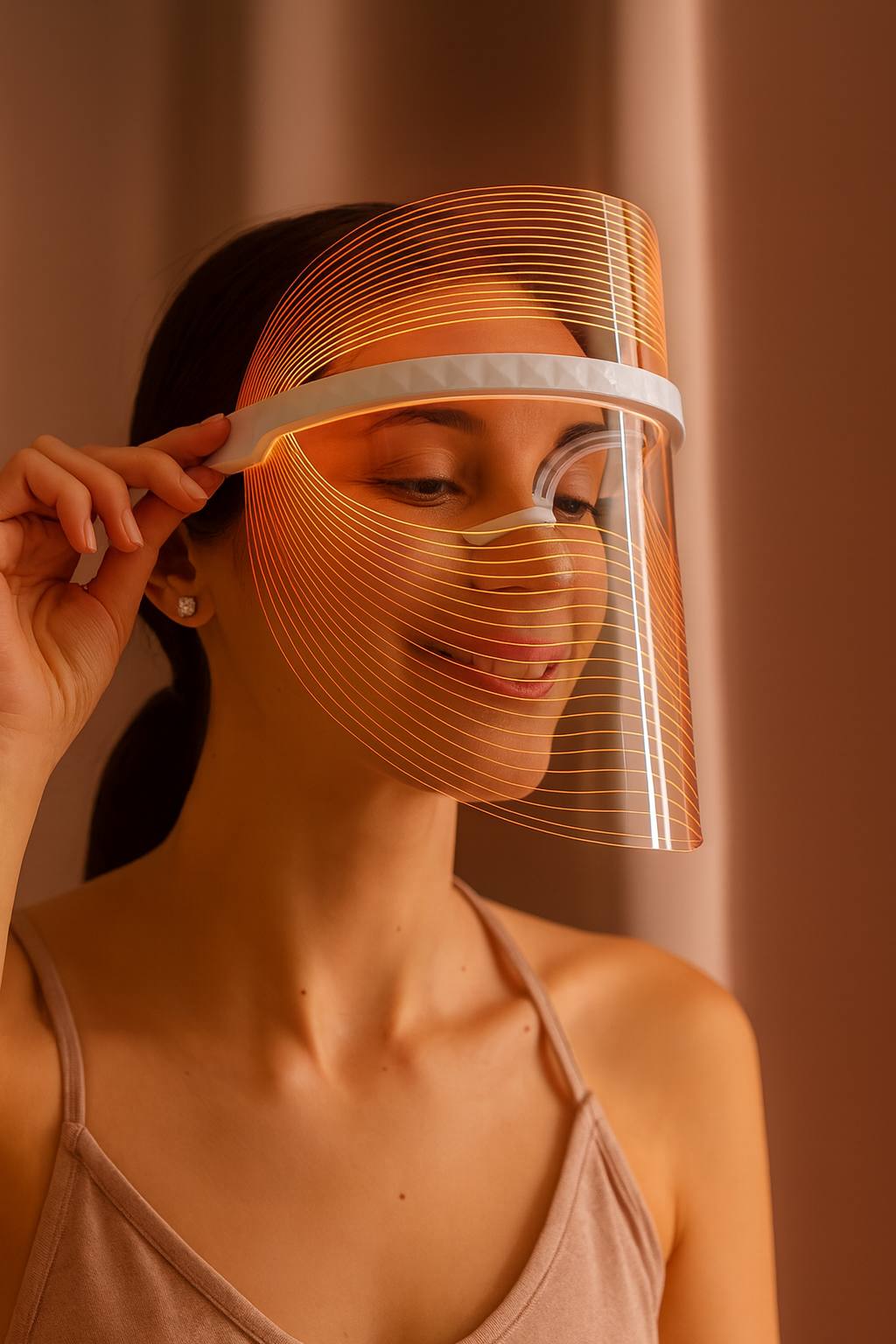 Woman wearing LED light therapy face shield mask for anti-aging, skin rejuvenation, collagen boost, and clear glowing skin.