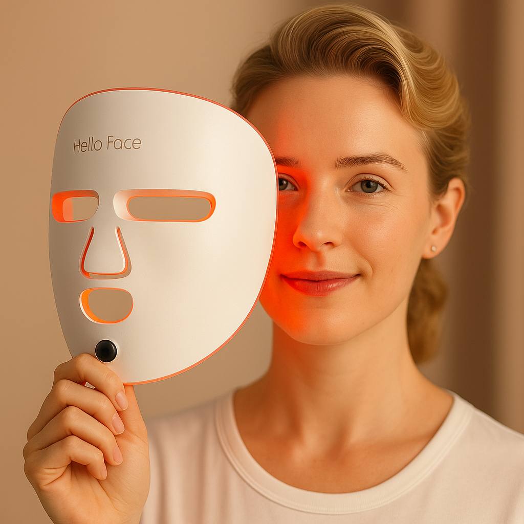 Woman using LED light therapy mask for acne treatment, anti-aging, and skin rejuvenation – red light skincare device demonstration in 4K.