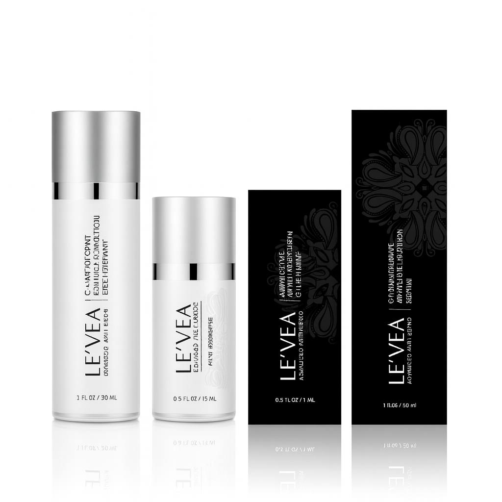 5K ultra-HD image of the LE’VEA Advanced Anti-Aging skincare duo featuring the C+ Antioxidant Wrinkle Reduction Serum (30 ml) and the Biotic Repair Eye Treatment (15 ml), displayed with luxury black packaging. Premium anti-aging, wrinkle-reducing, brightening, and skin-repair products ideal for firming, hydrating, and rejuvenating all skin types.