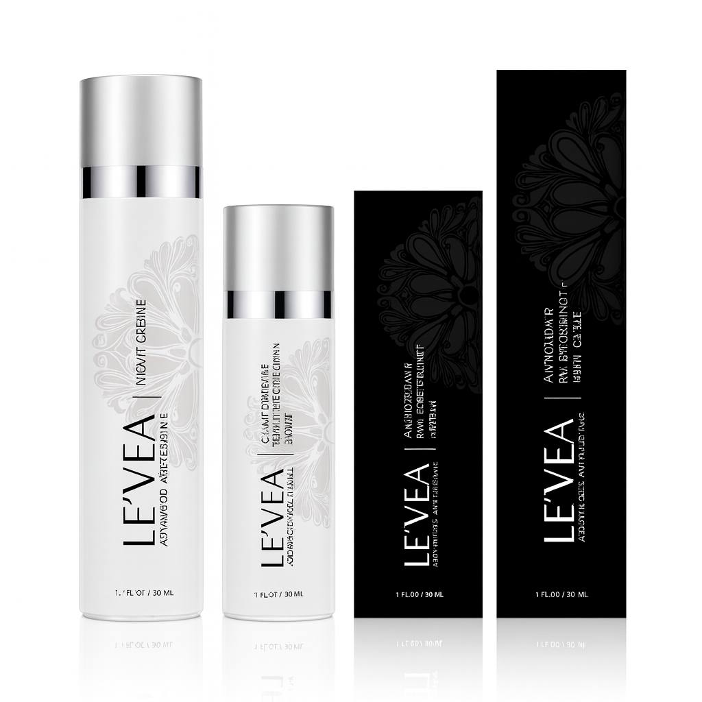 High-resolution image of LE’VEA Advanced Anti-Aging Skincare Set featuring Biotic Repair Night Crème and Vitamin C Antioxidant Wrinkle Reduction Serum, displayed with matching black luxury packaging on a clean white background.