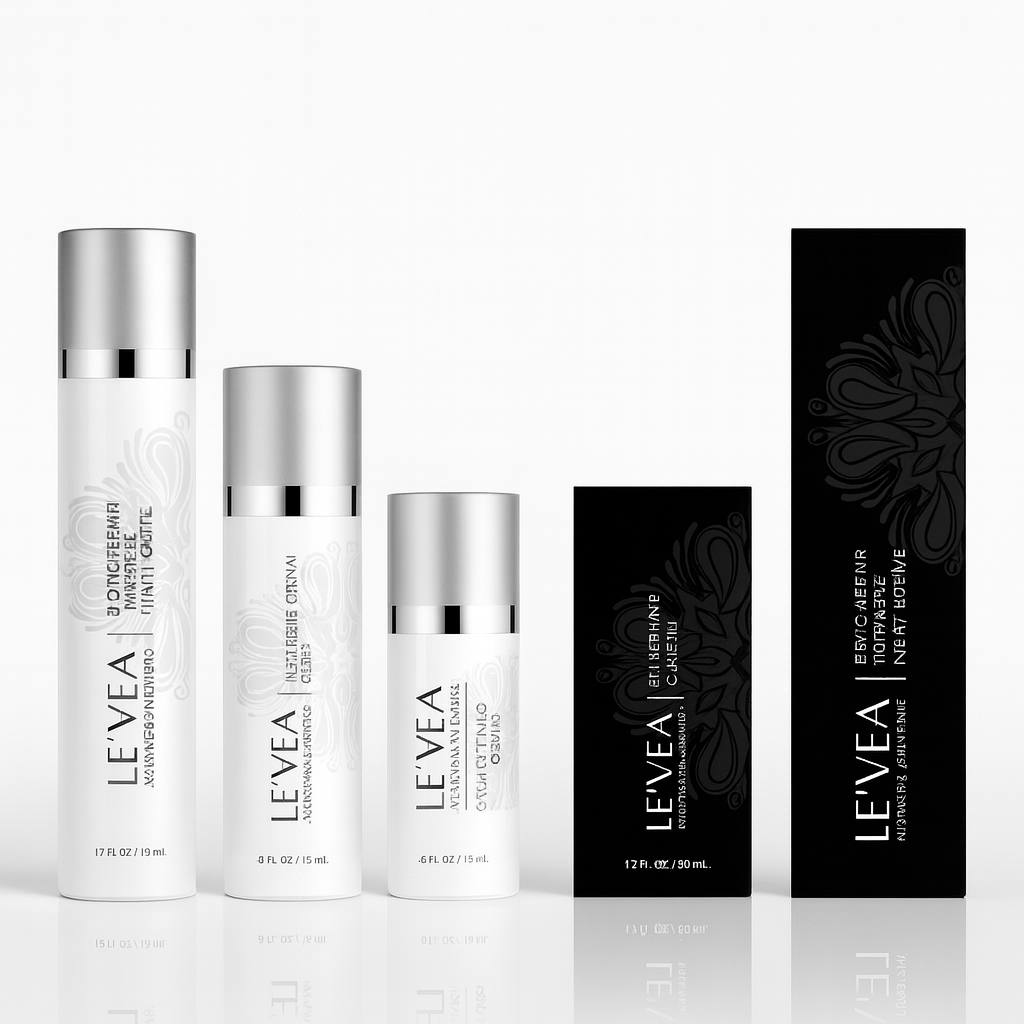5K ultra-HD image of the LE’VEA Advanced Anti-Aging Skincare Set, featuring Biotic Repair Night Creme, Vitamin C Antioxidant Serum, and Biotic Repair Eye Treatment with luxury black and white packaging—premium skincare for rejuvenation, hydration, and wrinkle reduction.