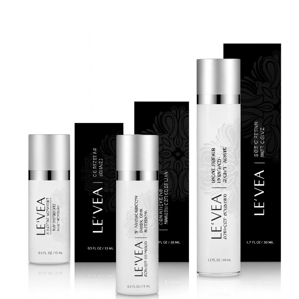 5K ultra-HD image of LE’VEA Advanced Anti-Aging skincare products, featuring the Biotic Repair Night Creme, C Antioxidant Wrinkle Reduction Serum, and Biotic Repair Eye Treatment with luxury black packaging—professional skincare for anti-aging, wrinkle reduction, hydration, and skin rejuvenation