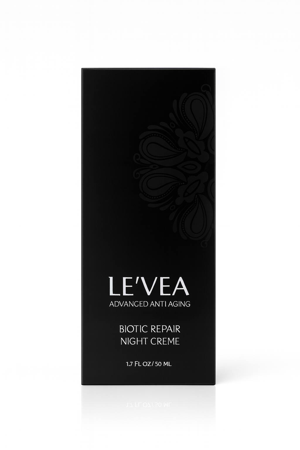 High-resolution image of the LE’VEA Biotic Repair Night Crème box, showing premium black packaging with elegant floral detailing and advanced anti-aging skincare branding in a clean studio background.