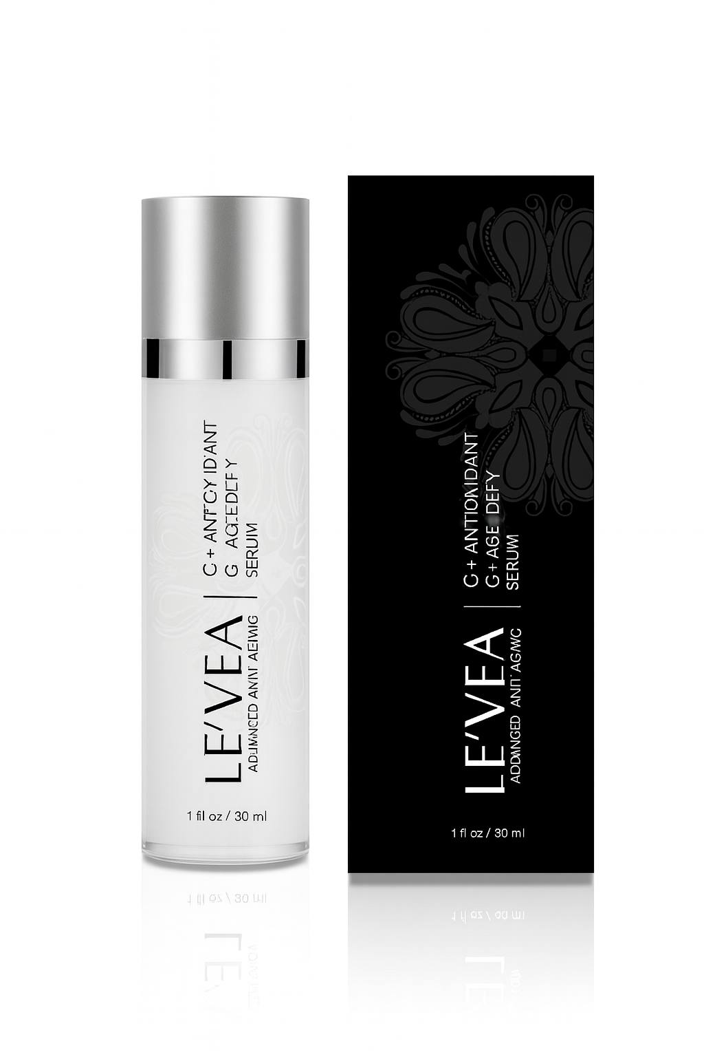 5K ultra-HD product image of LE’VEA C+ Antioxidant Wrinkle Reduction Serum, featuring a sleek frosted white bottle with a silver pump next to a matching black luxury box with floral detailing—advanced anti-aging Vitamin C serum formulated to reduce wrinkles, brighten skin, and improve elasticity.