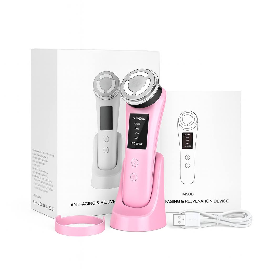 Pink anti-aging and skin rejuvenation device with LED light therapy, RF lifting, EMS tightening, ion import/export, ultrasonic massage, charging dock, USB cable and accessories displayed on a clean white background.