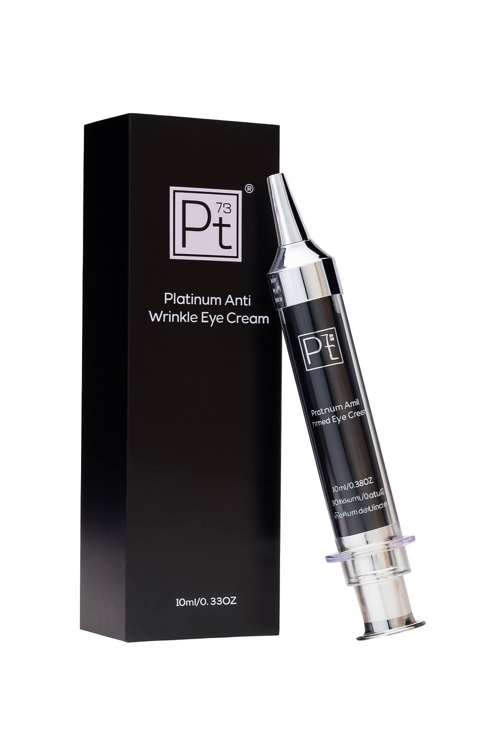 High-quality product image of Pt78 Platinum Anti-Wrinkle Eye Cream Serum with luxury black packaging, advanced anti-aging under-eye treatment for fine lines, wrinkles, puffiness, and dark circles.