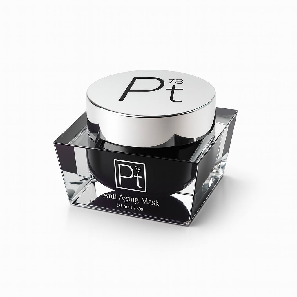 5K ultra-HD image of the Platinum Delux® Anti-Aging Mask in a luxury square acrylic jar with a reflective platinum-colored lid and Pt78 emblem, premium anti-aging facial mask designed to lift, firm, smooth wrinkles, and rejuvenate the skin.