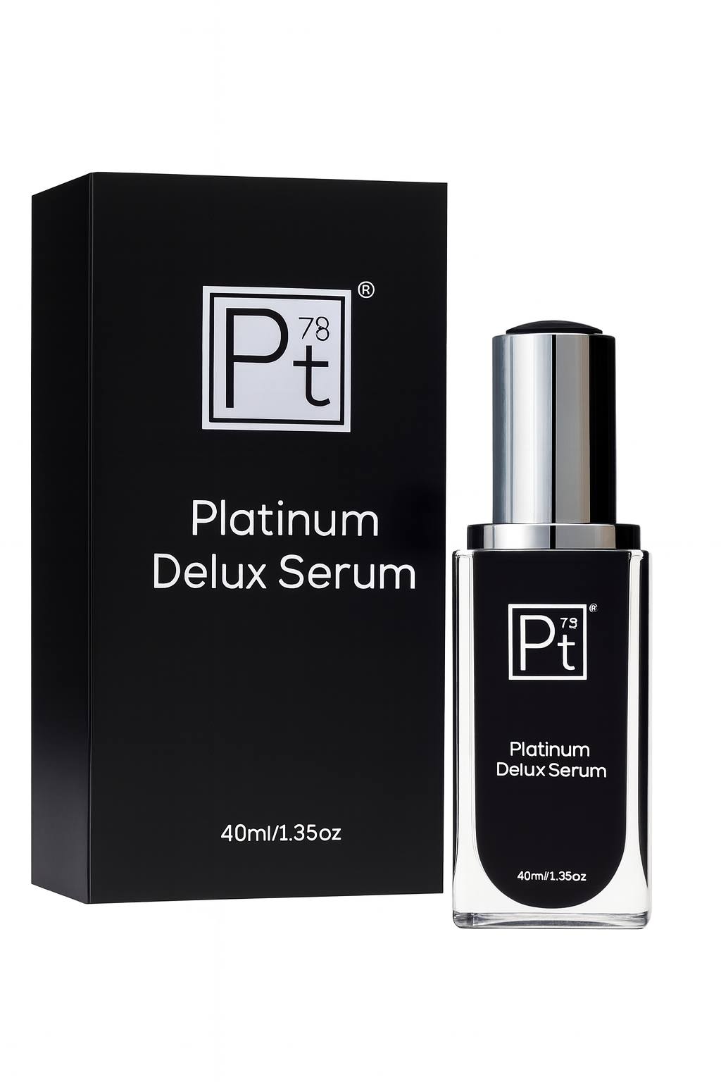 High-quality image of Platinum Delux Serum 40ml, luxury anti-aging skincare serum for firming, lifting, and reducing wrinkles, featuring sleek black packaging and premium design.