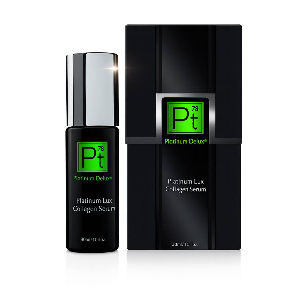 High-resolution image of Platinum Delux Platinum Lux Collagen Serum 30ml with premium black and chrome bottle and matching luxury box packaging.