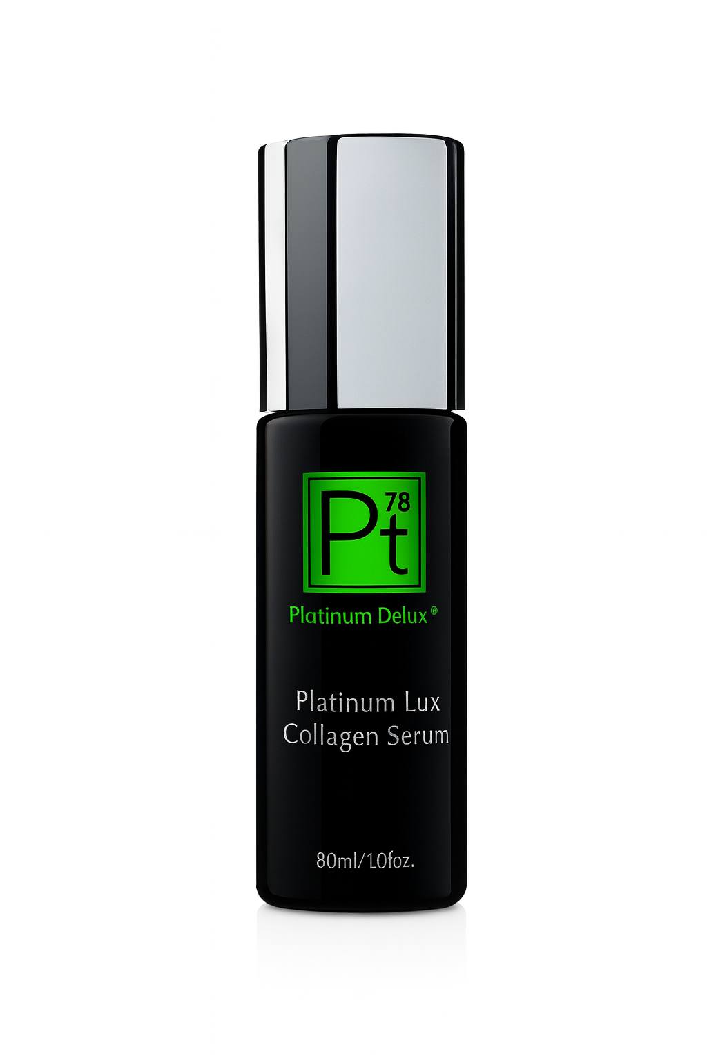 High-resolution image of Platinum Delux Platinum Lux Collagen Serum 80ml, luxury anti-aging collagen face serum in sleek black and silver bottle for firming, lifting, and wrinkle reduction.