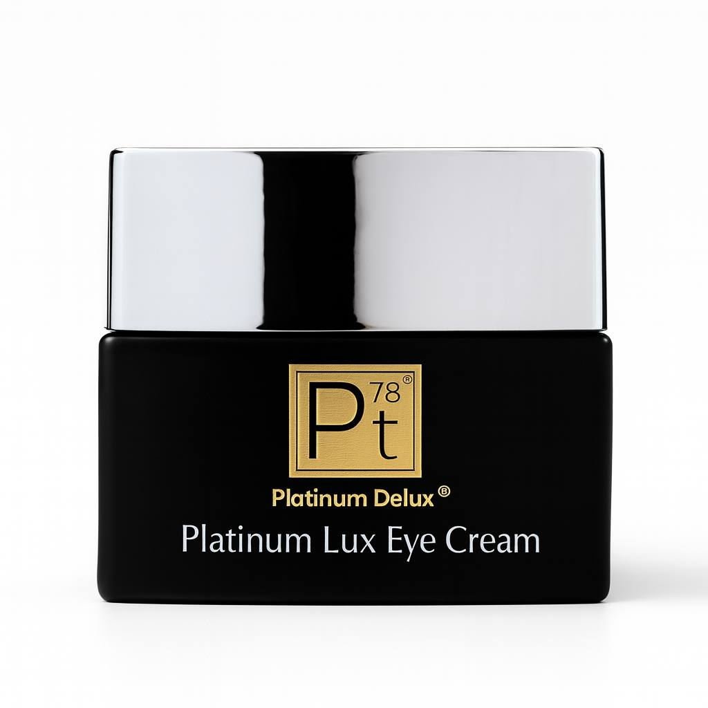 5K ultra-HD image of Platinum Delux® Platinum Lux Eye Cream in a glossy black jar with a reflective silver lid and gold Pt78 emblem, premium anti-aging eye cream designed for dark circles, puffiness, wrinkles, and under-eye rejuvenation.