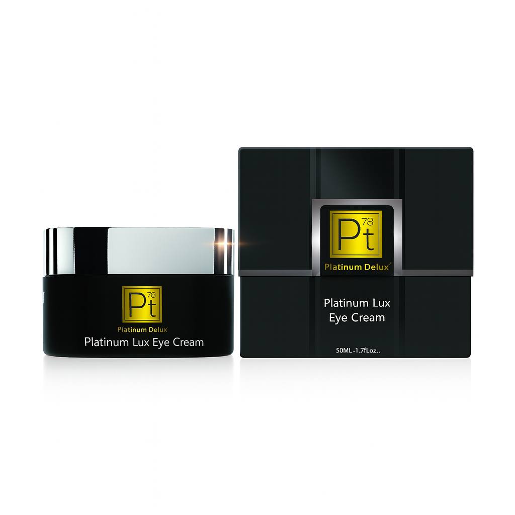 5K ultra-HD product image of Platinum Delux® Platinum Lux Eye Cream, featuring a glossy black jar with a reflective silver lid and matching luxury black box with a gold Pt78 emblem—advanced anti-aging eye cream designed for dark circles, wrinkles, puffiness, and under-eye rejuvenation.