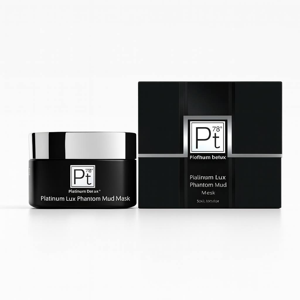 5K ultra-HD image of Platinum Delux® Platinum Lux Phantom Mud Mask, featuring a glossy black jar with silver lid and a matching luxury black box, premium detoxifying and anti-aging facial mud mask designed to tighten, brighten, and rejuvenate skin.