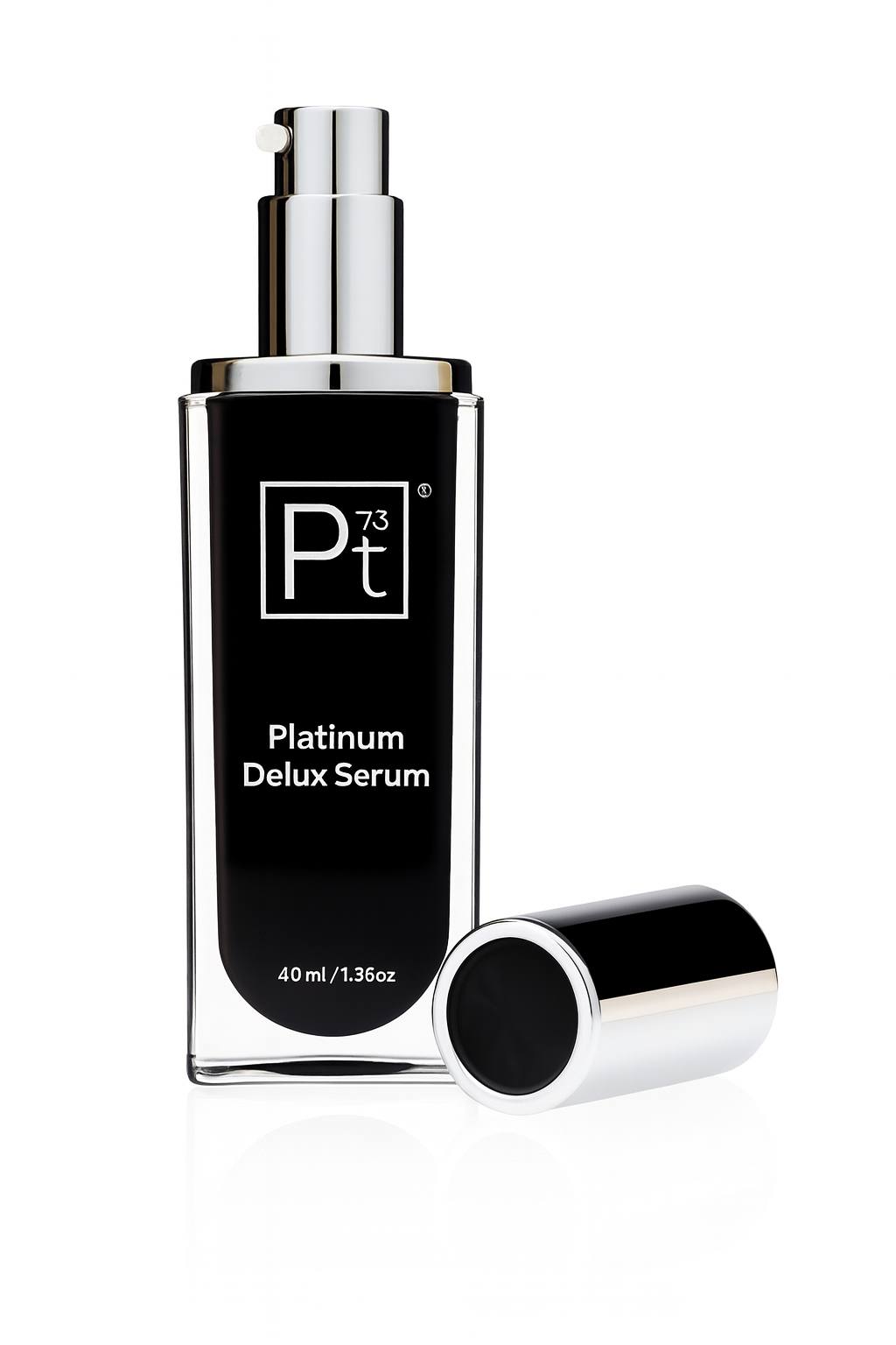 Platinum Delux Serum bottle with silver pump – luxury anti-aging skincare serum for firming, brightening, and wrinkle reduction (40ml).