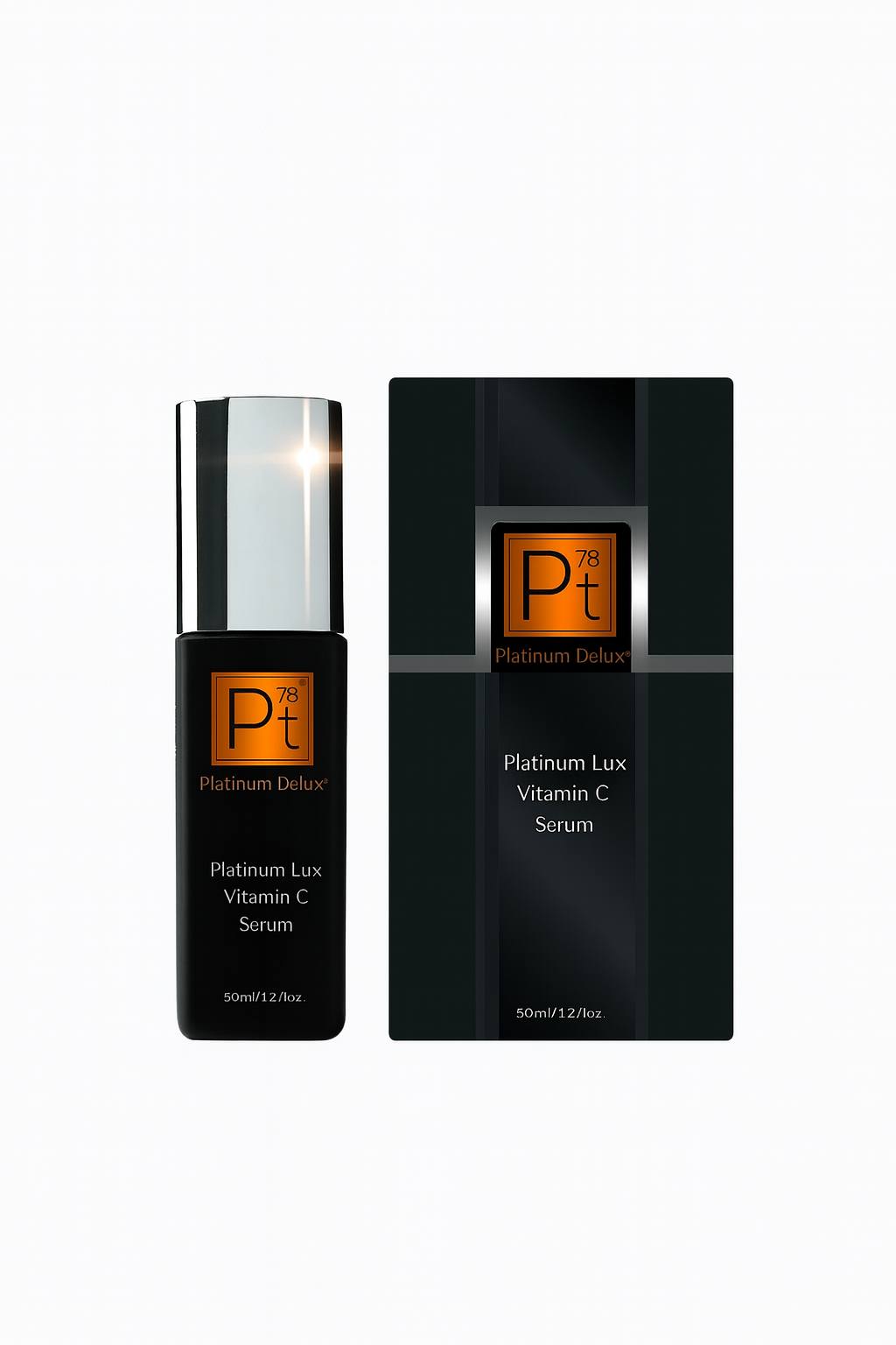 Luxury product image of Platinum Deluxe Platinum Lux Vitamin C Serum with matching black packaging box, premium anti-aging brightening skincare serum, 50ml vitamin C treatment bottle..