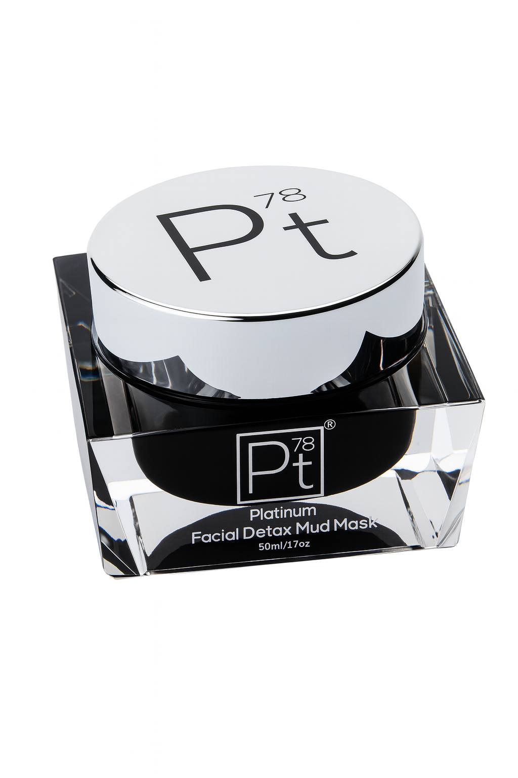Open jar of Platinum Detox Mud Mask in a premium platinum-silver container, showcasing rich mineral mud texture for deep-cleansing, detoxifying skincare treatment.