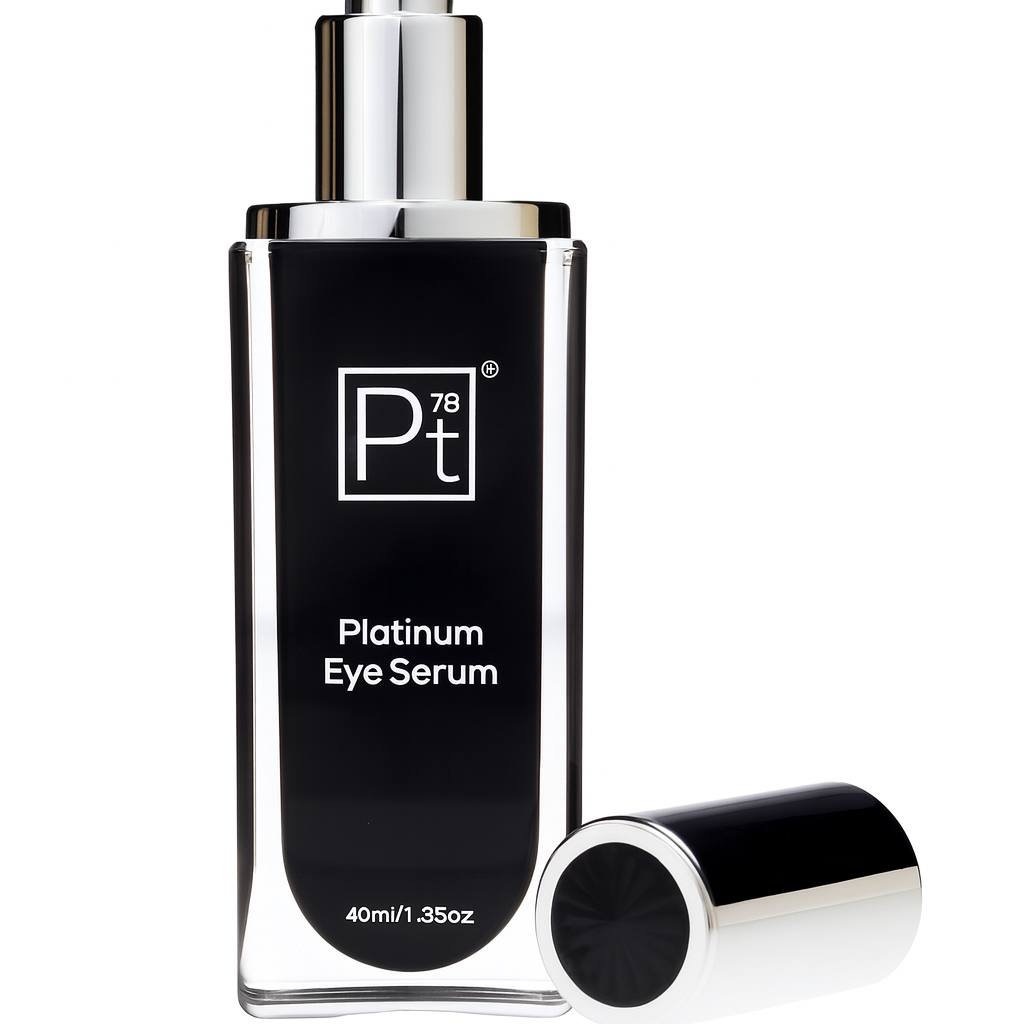 Luxury Platinum Eye Serum bottle with chrome pump and cap on a clean white background – anti-aging under-eye moisturizer for dark circles, puffiness, and fine lines.