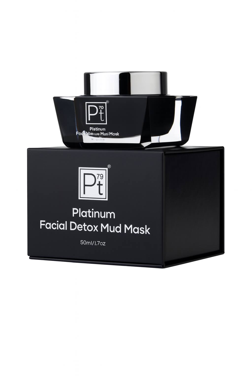 High-quality image of a Platinum Facial Detox Mud Mask in a 50 ml black luxury jar displayed on its matching black product box, designed for deep-cleansing and skincare detox treatments.