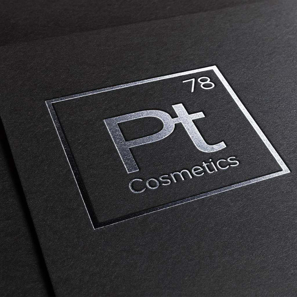 5K ultra-HD silver embossed Pt Cosmetics logo on a dark textured background, featuring the platinum element symbol “Pt 78” inside a metallic square frame—premium branding design for a luxury skincare and cosmetics line.