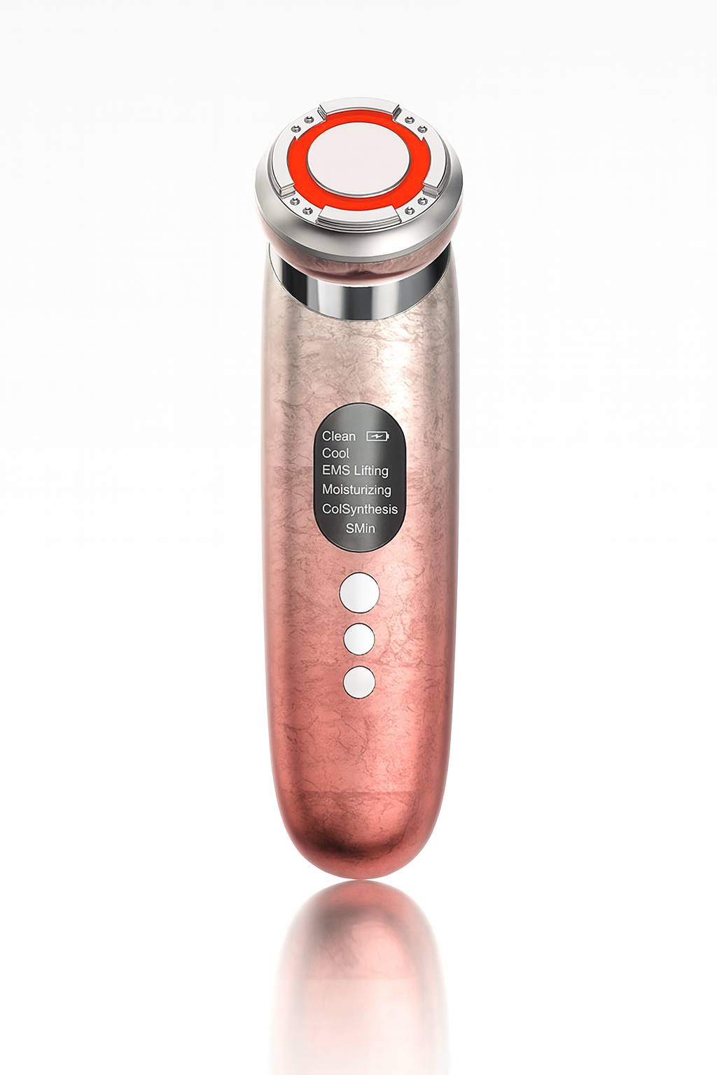 Rose gold EMS LED facial massager device with cooling, heating, lifting, and moisturizing functions for anti-aging, wrinkle reduction, and skin rejuvenation.